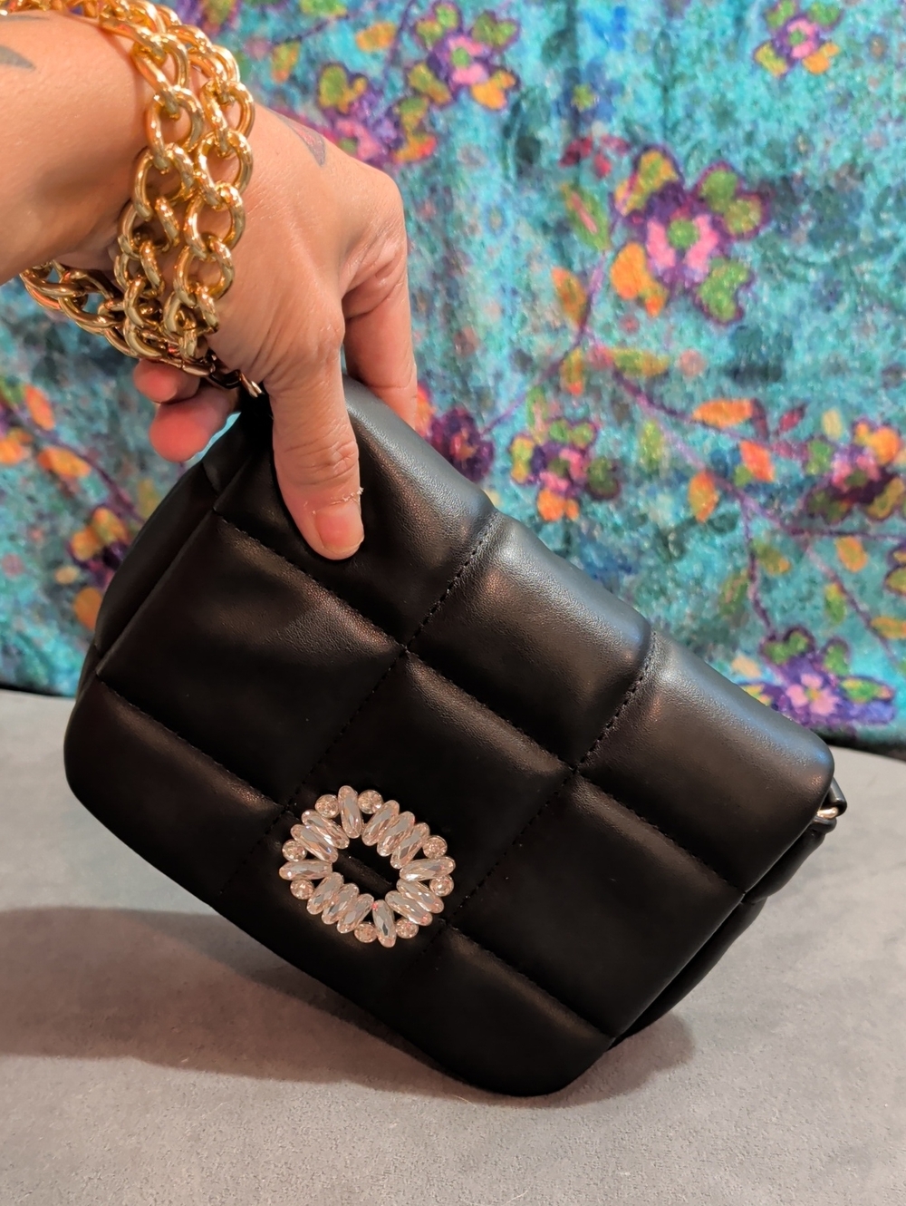 Black Quilted Faux Leather Wrist Bag with Crystal Buckle